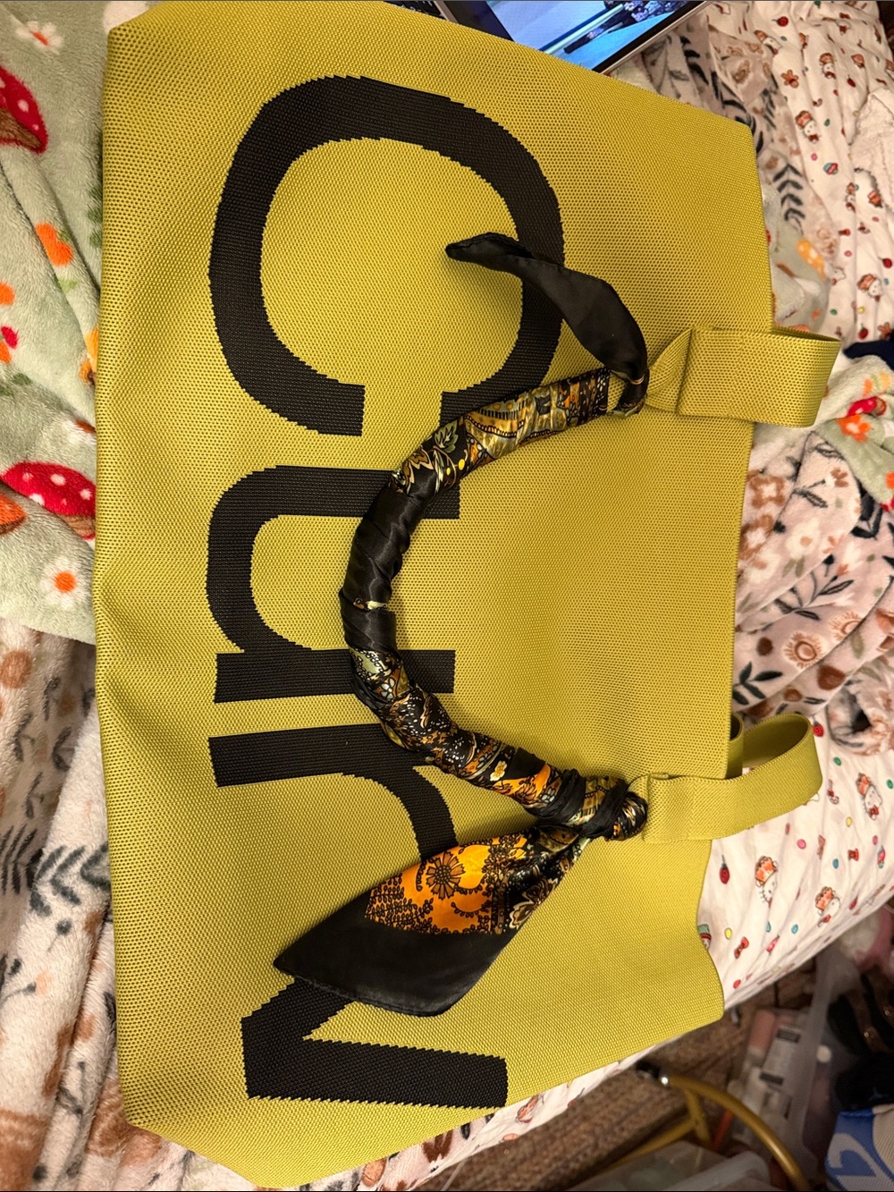 Unbranded Yellow-Green Canvas Tote Bag with Scarf-Wrapped Handle